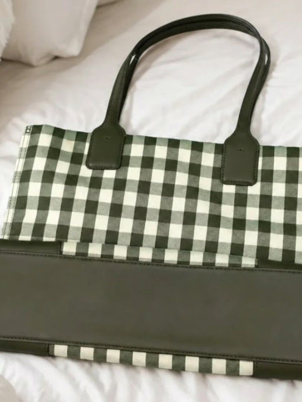 Tory Burch Ella Green & White Gingham Tote - Picture 3 of 5